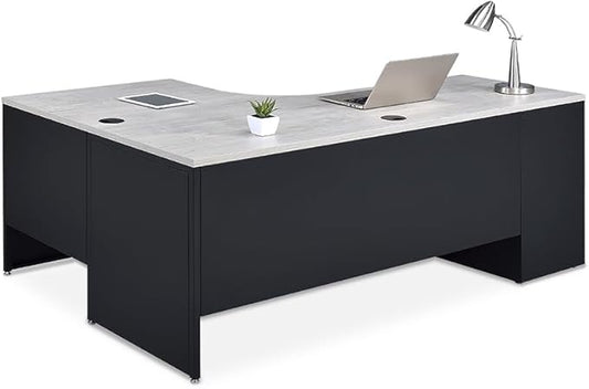 NBF Carbon L Shaped Executive Office Desk - Durable Laminate Computer Desk with 2 Drawers Pedestal - Modern Desk with Storage and File Cabinet - 72" W x 48" D Office Work Desk (Gray, Maple)