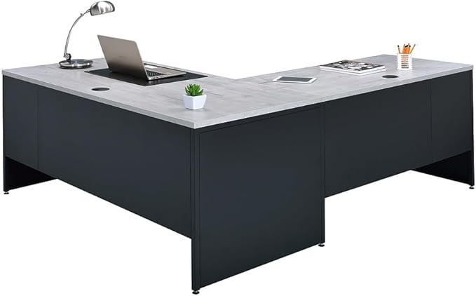 NBF Carbon L-Shaped Reversible Executive Office Desk - Durable Laminate Computer Desk with 4 Drawers Pedestal - Modern Desk with Storage and File Cabinet - Office Work Desk (66" W x 78" D, Black,Oak)