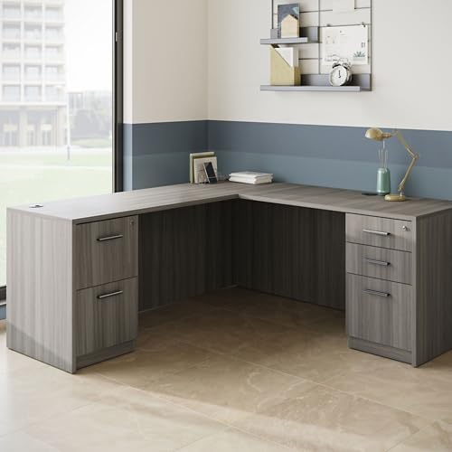 NBF at Work Reversible L-Shaped Executive Office Desk - Durable Gray Laminate Computer Desk with Lockable Two Drawers - Modern Desk with Storage and File Cabinet - Work Desk for Home (71" W, Gray)