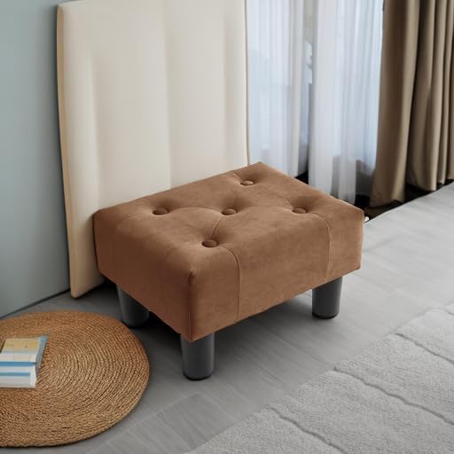 Poofzy Small Foot Stool Ottoman, Velvet Ottoman Foot Rest with Legs, Rectangle Foot Rest for Couch, Footstools and Ottomans Small for Living Room and Entryway (Rrown)