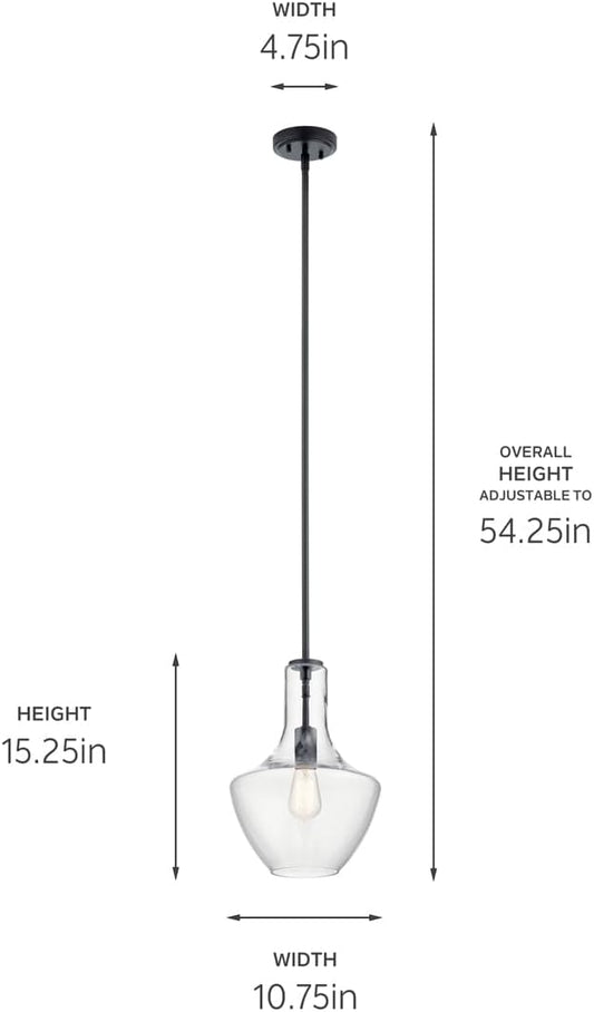 KICHLER Everly 1 Light Pendant in a Rich Black Finish, for Living Room, Dining Room and Kitchen, 100 Watts, (15.25" H x 10.5" Dia), 42141BK