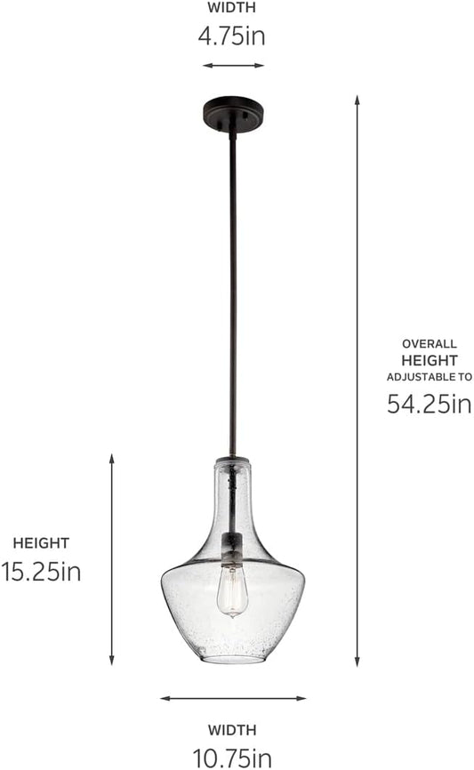 Kichler Everly 15.25" Kitchen Bell Pendant in Olde Bronze®, 1-Light Clear Seeded Glass Pendant Light, (15.25" H x 10.5" W), 42141OZCS