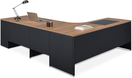 NBF L-Shaped Executive Office Desk - Durable Laminate Computer Desk with Three Drawers - Modern Desk with Storage and File Cabinet (72" Wx 96" D, Gray, Maple)