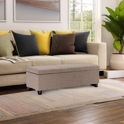 SIMPLIHOME Avalon 48 inch Wide Contemporary Rectangle Storage Ottoman Bench in Fawn Brown Linen Look Fabric, Assembled, for the Living Room, Entryway and Family Room