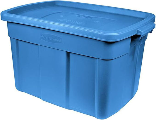 Rubbermaid Roughneck Tote 18 Gal, 6 Pack, Made in USA, Heritage Blue, Rugged Plastic Stackable Storage Bins with Lids and Handles