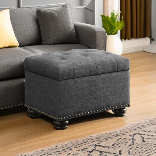 Convenience Concepts Designs4Comfort 5th Avenue Upholstered Storage Ottoman 24" - Contemporary Foot Stool and Seat with Hinged Lid for Living Room, Dining Room, Office, Den, Dark Charcoal Gray Fabric