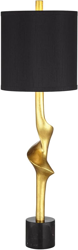 Possini Euro Design Minerva 32" Tall Modern Glam Luxe End Table Lamps Set of 2 Sculptural Gold Leaf Black Shade Living Room Bedroom Bedside Nightstand Office Home Reading Kitchen Entryway Console