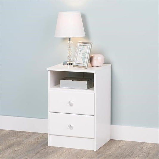 Prepac Astrid Simplistic Nightstand with 2 Drawers and Open Shelf, Functional Bedside Table with Acrylic Knobs 15.5" D x 16" W x 24.5" H, White, WDNH-0402-1-V