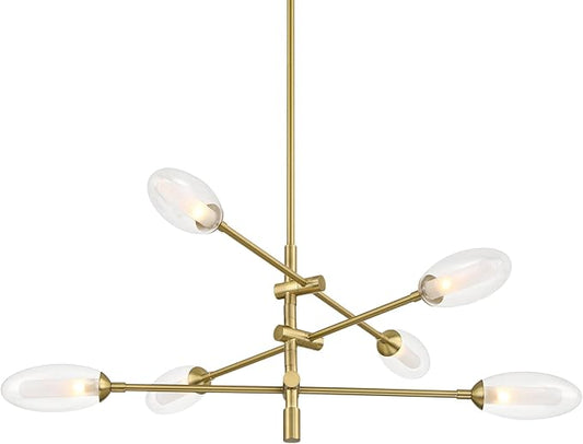 Possini Euro Design Evelyn 33" Modern Chandelier Ceiling Light Fixture Dining Room Over Table Kitchen Island Foyer Sputnik Hanging 6-Light LED Dimmable Brushed Gold Finish Glass Hallway Large