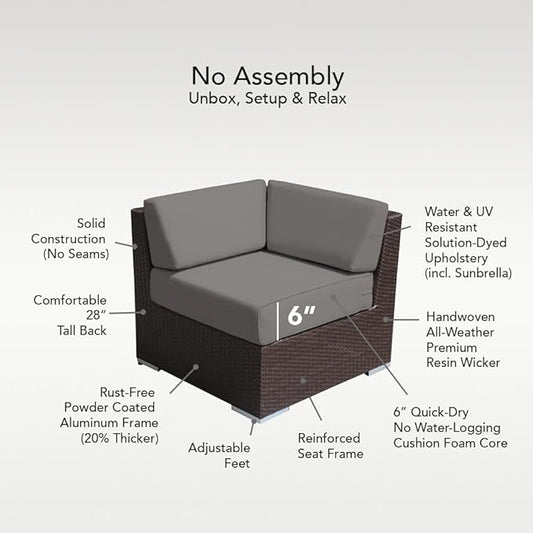 All Weather Outdoor Patio Wicker Furniture 7-PC Black Wicker Sectional with 6 inch Rainshield Gray Cushions