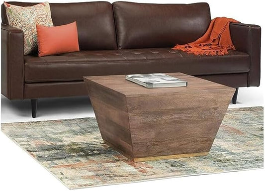 SIMPLIHOME Abba Square Coffee Table - 28 inch Wide Solid Mango Wood Modern Cocktail Table in Dark Brown, Contemporary Table for Living Room with Low Profile Block Design, Assembled
