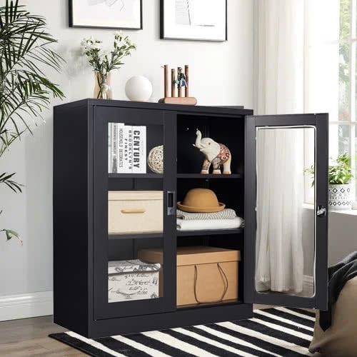 SISESOL Black Metal Storage Cabinet with Doors and Shelves,36 inch Locking Display Cabinet with Acrylic Doors,Office Cabinets with Lock,Sideboard Cabinets for Home Office,Living/Dining/Utility Room,