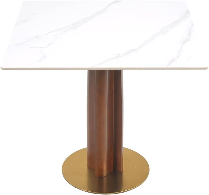 Sintered Stone Square Office Table and Chair Set - Meeting Table for Small Offices (Walnut Leg and White Top, 1 Table and 4 Chairs)