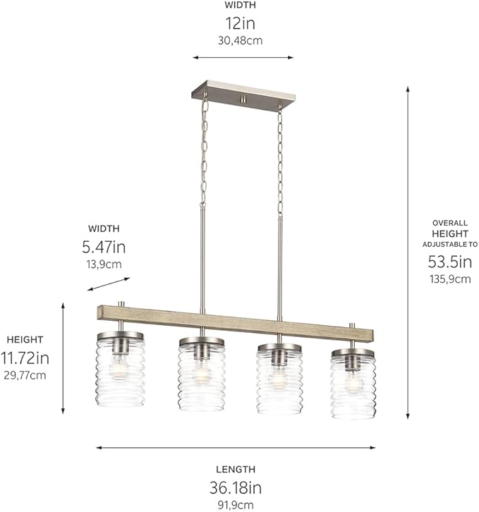 KICHLER Maritime 4-Light Linear Chandelier in a Classic Brushed Nickel Finish with a Clear Horizontal Ribbed Glass Shade, 82399