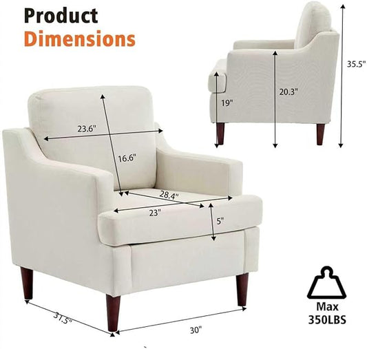Mid-Century Accent Chair Modern Linen Fabric Armchair for Living Room,Deep Seat Comfy Upholstered Reading Chairs for Bedroom,Single Sofa Chair with Wood Legs (Linen Beige, Set of 2)