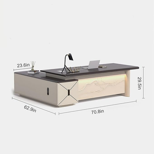 70IN L-Shaped Executive Desk with Drawer Cabinet, Executive Office Desk with LED Strip & Exquisite Handle & Fashionable Pattern Design