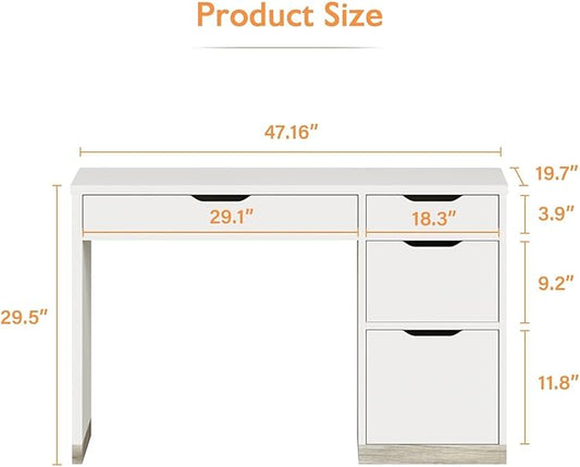 White Desk with Drawers, 48 Inch Small Computer Desk with 4 Storage Drawers for Small Space, Home Office Desk for Bedroom with Storage File Cabinet