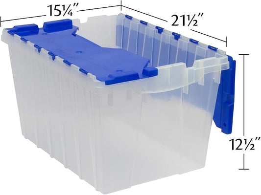 Akro-Mils KeepBox 12 Gallon Storage Container, Nesting and Stackable Plastic Storage Box with Lid Attached and Rails for Letter Size Hanging File Folders, 21" x 15" x 12", Clear/Blue, 6-Pack
