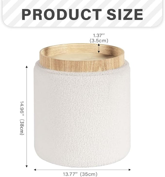 PINPLUS Round Storage Ottoman Boucle Ottoman with Tray, Teddy Velvet Footstool Cube for Living Room, Bedroom, Dorm 13.4"x13.4"x15" (White)