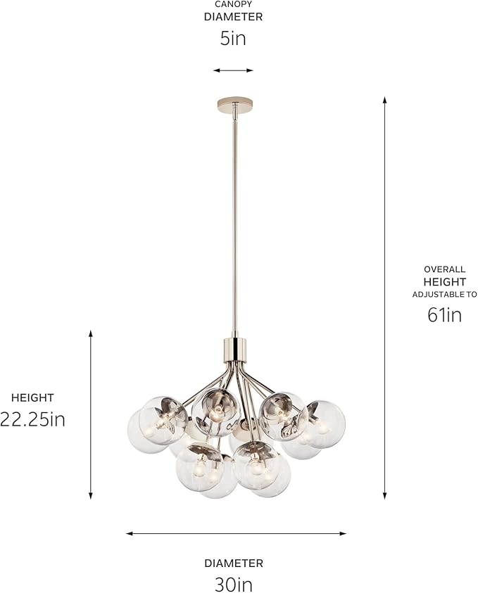 KICHLER Silvarious 12-Light Convertible Chandelier, Soft Modern Light with Clear Glass in Polished Nickel, for Dining Room, Living Room, Bedroom or Foyer (22.25" x 30"), 52701PNCLR