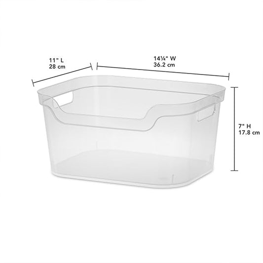 Sterilite 7 x 11 x 14.25 Inch Polished Open Scoop Front Storage Bin with Comfortable Carry Through Handles for Household Organization, Clear (18 Pack)