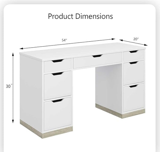 White Desk with 7 Drawers, 54 Inch Executive Desk with Drawers for Bedroom, Home Office Desk with Cabinet for Work Writing Study, Small Spaces