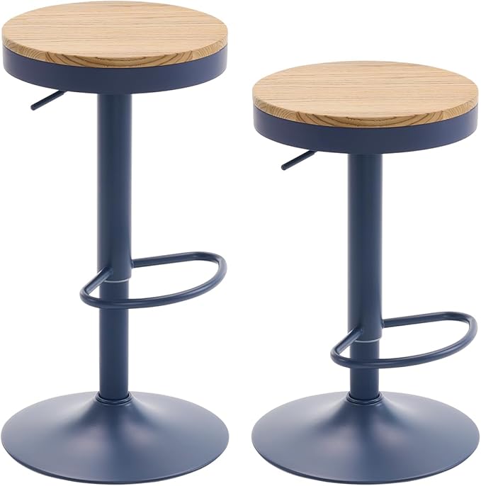 Kidol & Shellder Bar Stools Set of 4 Round Adjustable Swivel Barstools Modern Backless Bar Chairs Wooden Seat Counter Height Stools Armless for Kitchen Island, Cafe, Dining Room Blue