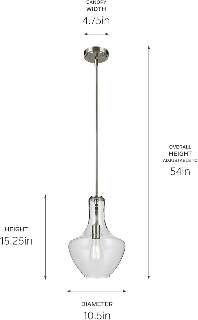 Kichler Everly 15.25" Kitchen Bell Pendant in Brushed Nickel, 1-Light Clear Seeded Glass Pendant Light, (15.25" H x 10.5" W), 42141NICS
