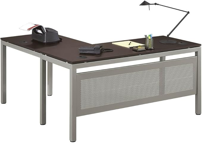 NBF at Work Reversible L Shaped Executive Office Desk - Durable Gray Laminate Computer Desk with Steel Frame - Modern Desk with 3 Grommet Holes - 60" W x 60" D Office Work Desk (Gray)