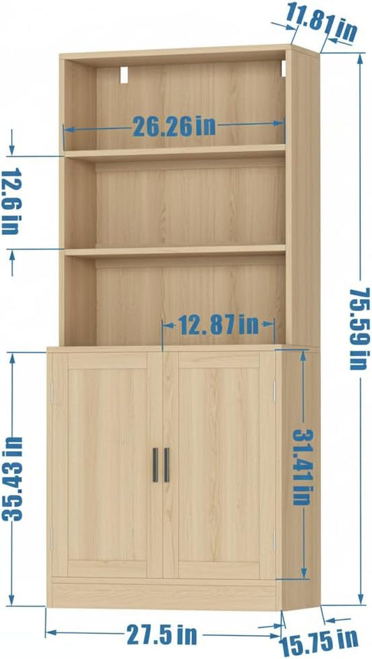 75" Tall Bookcase with Doors, 5 Tier Large Bookshelf with Cabinet, Standing Wood Display Book Shelf for Living Room, Office, Library with Doors, Oak