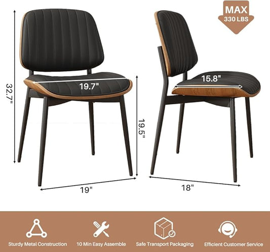 Dining Chairs Set of 2, Mid-Century Modern Upholstered PU Leather Chairs with Walnut Bentwood Back and Metal Legs for Kitchen Dining Living Room, Black Vertical Stripes