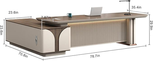 78IN L Shaped Executive Desk - Executive Office Desk with Side Cabinet & Grille Front Baffle & Embedded LED Strip & Mechanical Password Lock & Double-Layer Countertop & Gold Foot Pad