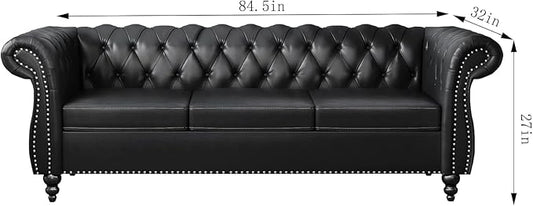 Chesterfield 3 Seater Sofa, Modern Leather Tufted Couch 3 Seater with Rolled Arms and Nailhead Mid-Century Upholstered Couch for Living Room, Bedroom, Apartment and Office, Black