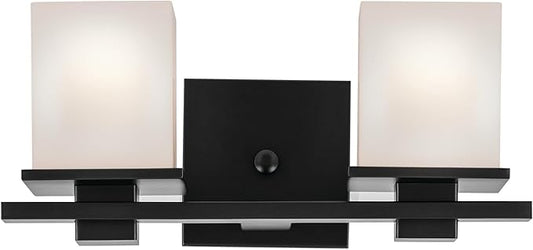 KICHLER Tully 15" 2-Light Vanity Light with Satin Etched Cased Opal Glass in Black for Over a Vanity, Soft Modern Style, (15" x 6.5" x 7"), 45150BK