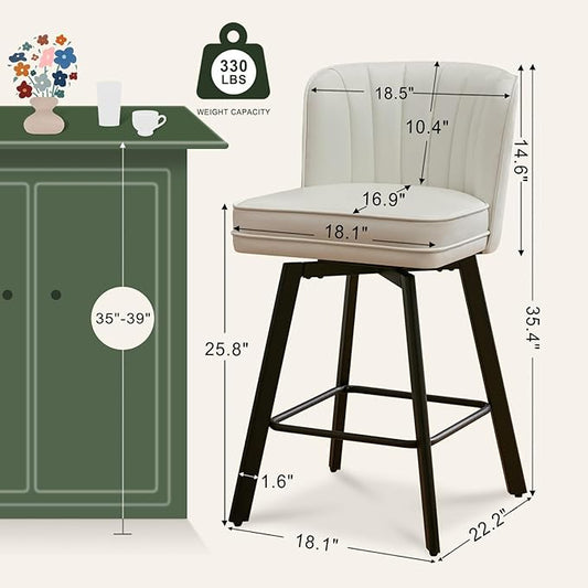 Swivel Counter Height Bar Stools Set of 3, 26'' Modern Barstools with Backs and Metal Legs, Upholstered Bar Chairs, Faux Leather White Stools for Kitchen Island Chairs