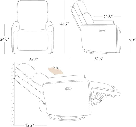 CHITA Electronic Power Recliner Chair Swivel Glider, FSC Certified Modern Nursery Rocking Chair with USB and Type-C Ports, Light Grey