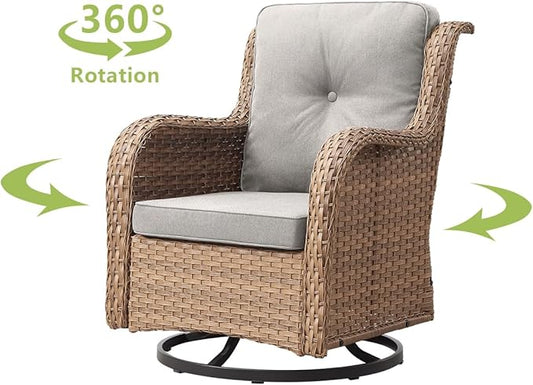 HUMMUH 3-Piece Swivel Rocking Rattan Chair Outdoor, Patio Bistro Furniture Conversation Set, Cushioned Wicker Chair with Glass Coffee Table(Yellow,Beige)