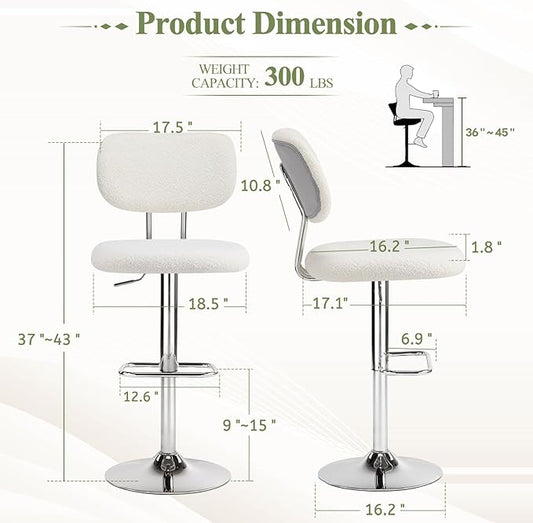 Furniliving Adjustable Bar Stools Set of 2, Modern Teddy Velvet Swivel Barstools with Curved Back, Stylish Armless Counter Height Bar Stools Bar Chairs for Kitchen Island, Bar, Grey