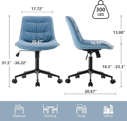 Kidol & Shellder Faux Leather Office Chair, Adjustable Swivel Height Task Chair, Rolling Wheels & Soft Backrest - Armless Ergonomic Desk Chair for Home, Office,Vanity,Gaming(Blue)