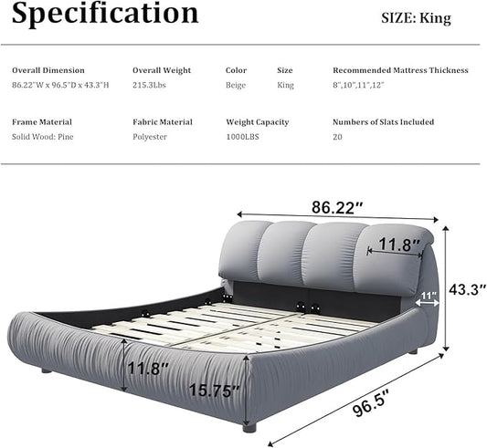King Size Upholstered Platform Bed with Oversized Padded Backrest and Solid Wood Frame for Bedroom, Apartment Room, Gray