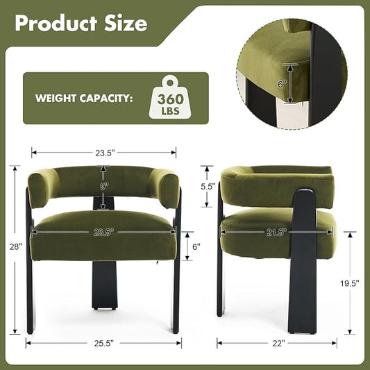 Modern Dining Chairs Set of 4, Upholstered Velvet Barrel Accent Chairs with Backrest & Arms, Wide and Thicker Padded Kitchen Side Chair with Wooden Legs for Dining Room, Livingroom, Dark Green