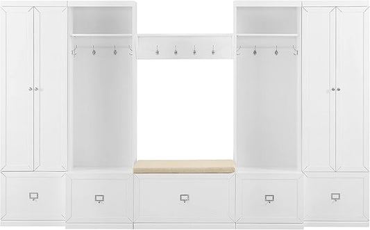 Crosley Furniture Harper 6-Piece Hall Tree, Storage Cabinet, Shoe Rack Bench, and Wall Shelf Set with Hooks, White