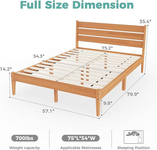 Solid Wood Full Bed Frame, Farmhouse Platform Bed with Ladder Headboard, Malaysian Oak Platform Bed Frames with Wood Foundation, Noise-Free, Easy Installation, Full Size, Rustic Pine