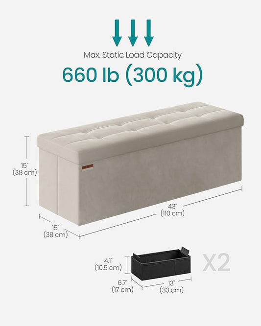 SONGMICS Mazie Collection - Storage Ottoman Bench, Foldable Foot Rest, 15 x 43 x 15 Inches, End of Bed Bench, Storage Chest, Load 660 lb, Living Room, Bedroom, Entryway, Cream White ULSF277W01