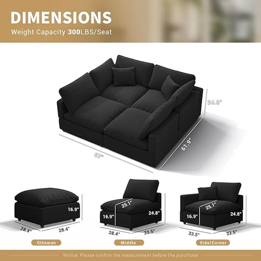 Linen Sleeper Sofa Bed,Modern Sectional Sofa Couch for Living Room,67 Inch Cloud Couches Cushion Covers Removable,Cozy Feather Down Sofa for Apartment Black