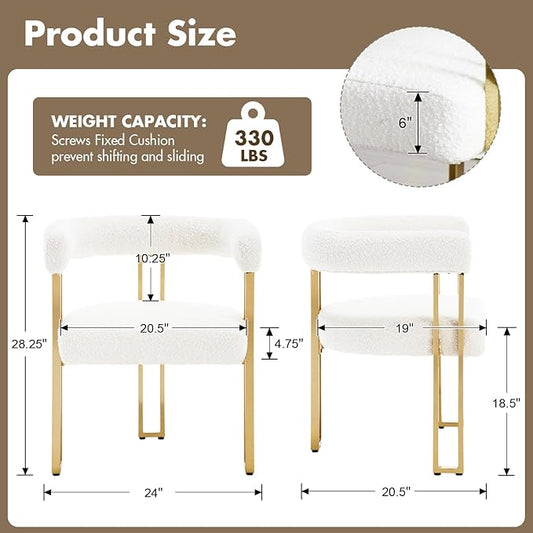 Set of 6 Modern White Boucle Dining Chairs with Gold Metal Legs, Mid Century Accent Upholstered Barrel Armchairs with Open-Back for Kitchen, Dining Room, Living Room, Apartment