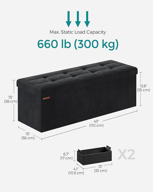 SONGMICS Mazie Collection - Storage Ottoman Bench, Foldable Foot Rest, 15 x 43 x 15 Inches, End of Bed Bench, Storage Chest, Load 660 lb, Living Room, Bedroom, Entryway, Ink Black ULSF277B01