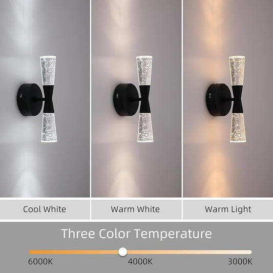 JoollySun Black Wall Sconce Crystal: Dimmable 3-Color (3000K-6000K) LED Bathroom Lighting for Hallway Bedroom Decorative