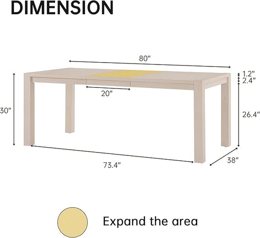 60"-80" Extendable Dining Table, Modern Rectangular Wood Kitchen Table, Farmhouse Expandable Dinner Table, Traditional Large Extension Meeting Desk for Dining Room, Living Room, Off-White