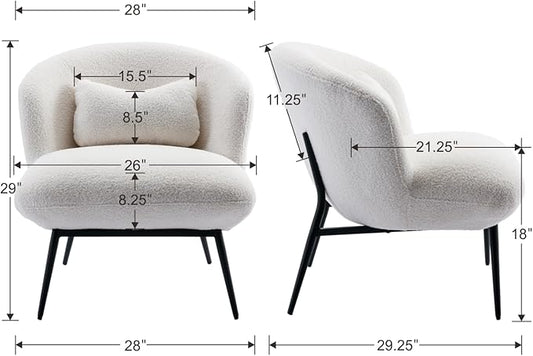 HEAH-YO Modern Accent Chair Set of 1, Upholstered Sherpa Side Chair with Barrel Backrest and Metal Legs, Comfy Armless Chair for Living Room Bedroom, White
